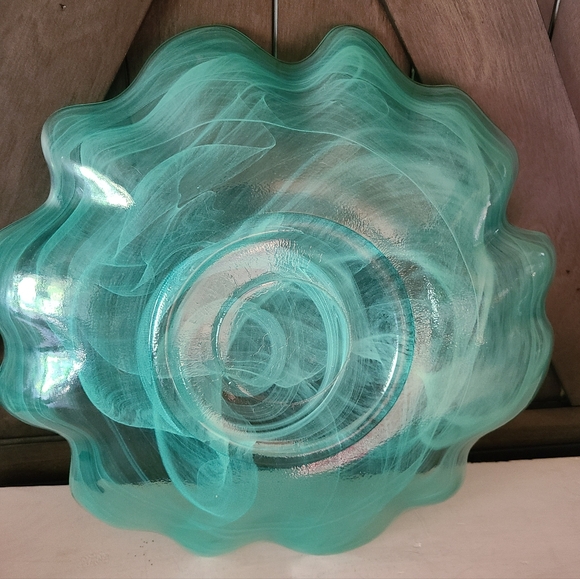 Rare Vintage Murano Style Teal and White Swirl Art Glass Dish 13"x2" Hand Blown - Picture 6 of 11